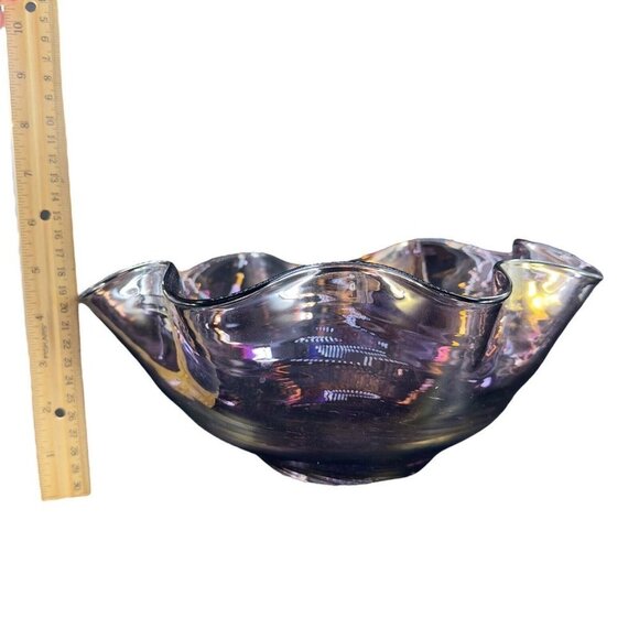 Hand Blown Chrome Iridescent Purple Art Glass Bowl Dish Ruffled Edge Large Bowl - Picture 10 of 16